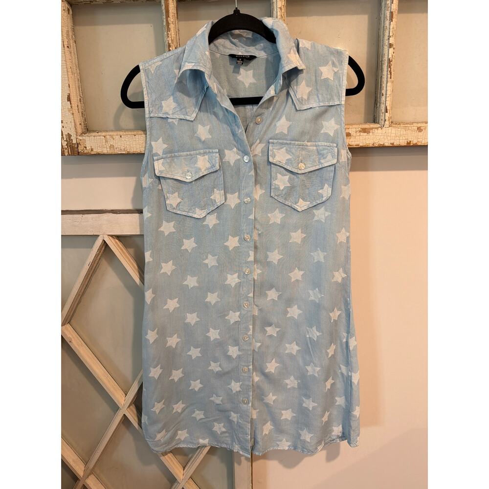 Sim & Sam size small sleeveless star print chambray denim shirt dress